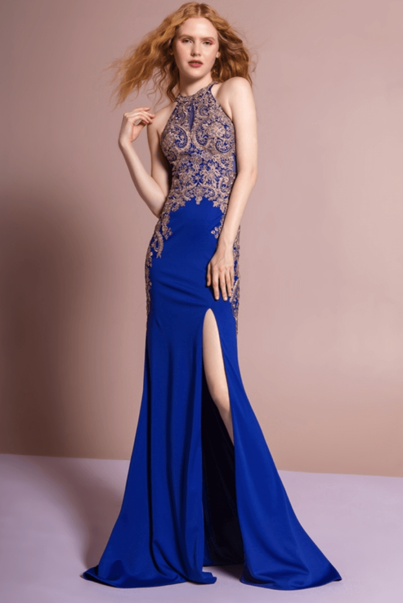 blue and gold prom dress